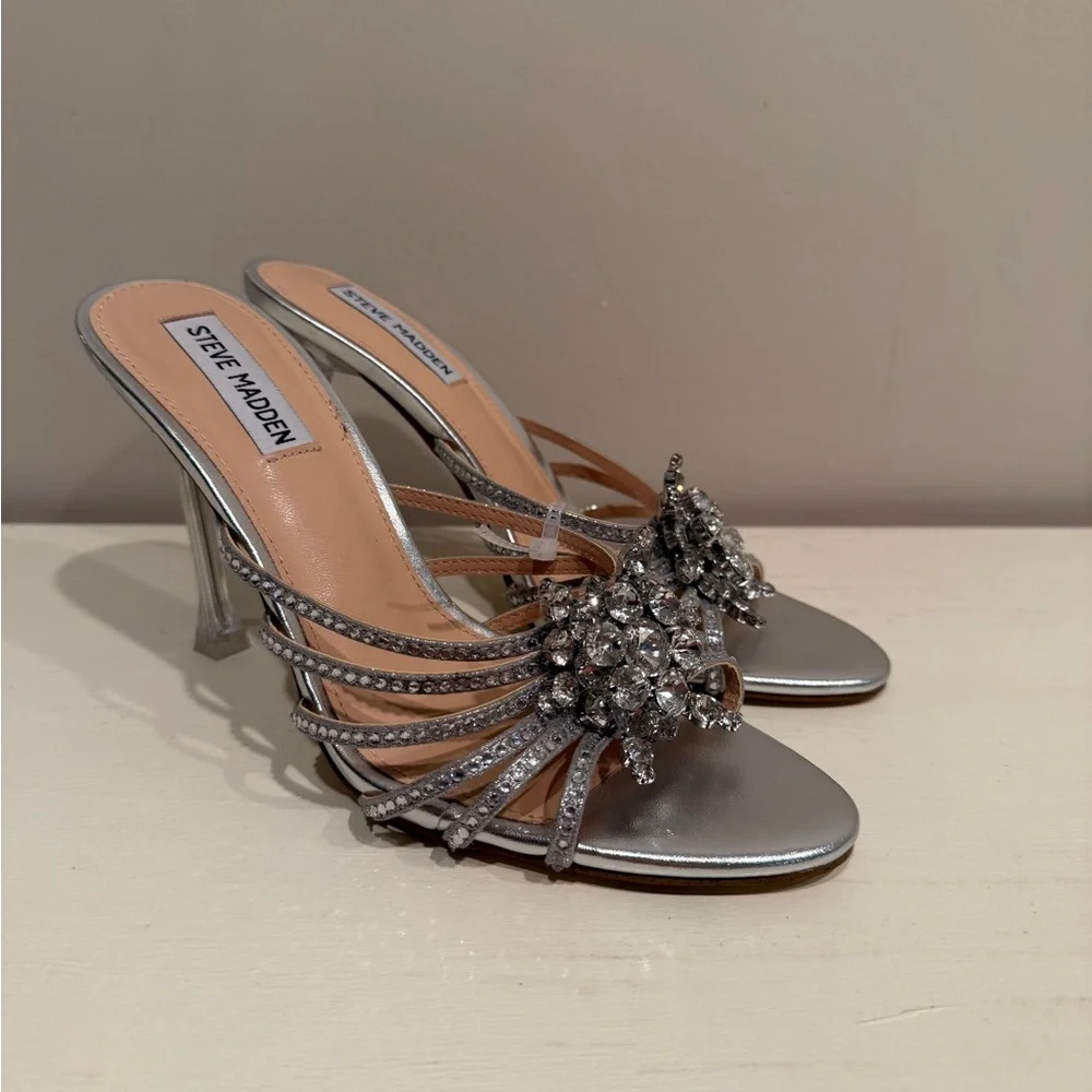 Steve Madden Women's Pamola Silver Rhinestone Embellished Heels - Picture 2 of 10